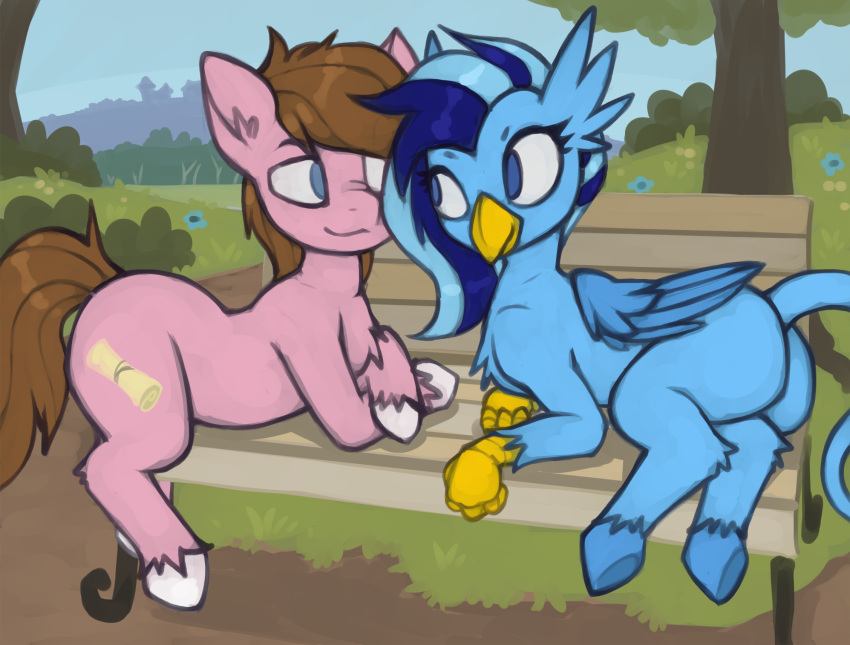 avian bench dusty_tomes equid equine female feral gryphon hasbro hi_res horse male mammal marsminer my_little_pony mythological_avian mythology park pony serenity