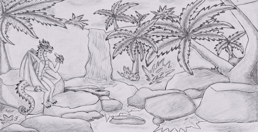 anthro banana black_and_white dragon food fruit hi_res male monochrome palm_tree pinkpony plant rainwing_(wof) river sketch solo tree wings_of_fire
