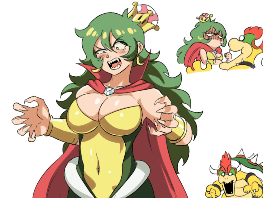 1boy 1girl angry armor bowser bracelet breasts crown donkey_kong_(series) earrings fangs genderswap genderswap_(mtf) green_hair highres horns jewelry king_k._rool mario_(series) new_super_mario_bros._u_deluxe open_mouth red_hair spiked_bracelet spikes super_crown super_smash_bros. tina_fate