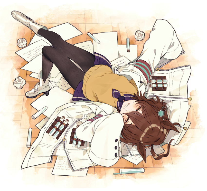 1girl agnes_tachyon_(umamusume) ahoge animal_ears brown_eyes brown_hair grin highres horse_ears kurodeko labcoat lying on_back pantyhose paper sleeves_past_fingers sleeves_past_wrists smile sweater test_tube umamusume