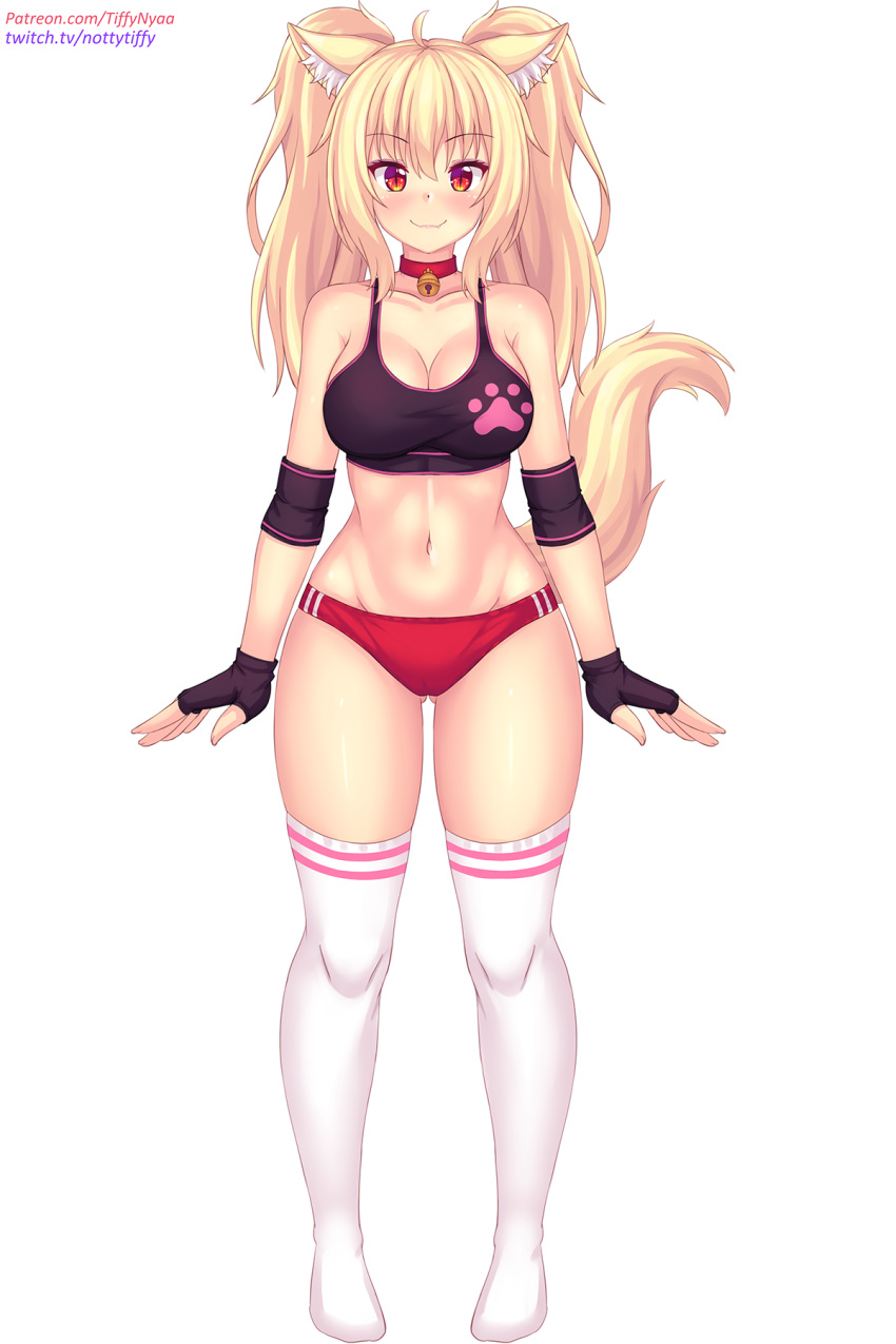 1girl animal_ear_fluff animal_ears ass_visible_through_thighs bangs bare_shoulders black_gloves blonde_hair blush breasts buruma cat_ears cat_girl cat_tail cleavage closed_mouth collar collarbone elbow_sleeve eyebrows_visible_through_hair fingerless_gloves full_body gloves highres large_breasts long_hair midriff navel nottytiffy original patreon_username paw_print red_buruma red_eyes red_neckwear sidelocks simple_background sleeveless slit_pupils smile solo standing tail thighhighs thighs tiffy_(nottytiffy) twintails twitch_username virtual_youtuber watermark web_address white_background white_legwear