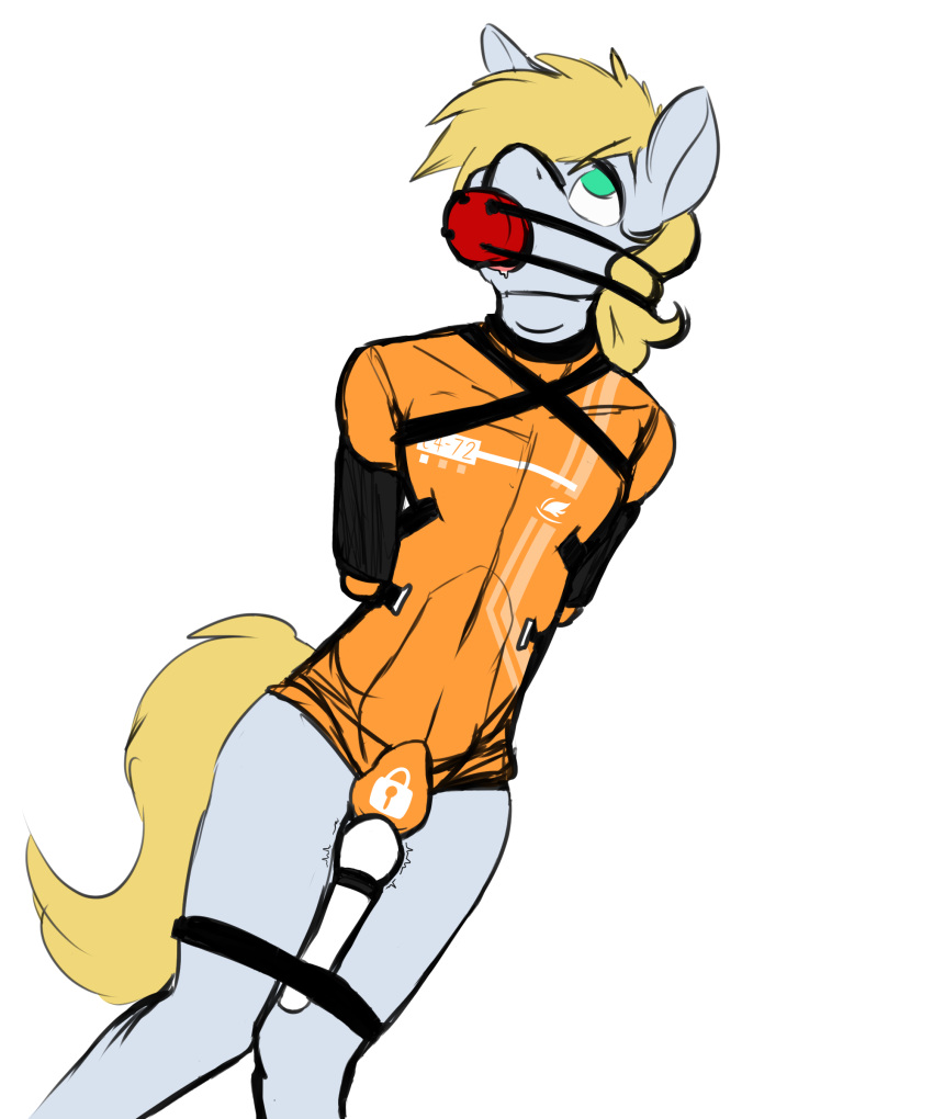 2:3 absurd_res anthro armbinder ball_gag blonde_hair bound clothing collar cutting_chipset d-lowell equid equine fan_character gag green_eyes hair hasbro hi_res hitachi_magic_wand horse lock_symbol looking_up male mammal my_little_pony no_pupils null null_bulge orgasm_denial pony prison_uniform prisoner rubber sex_toy simple_background skinsuit solo tight_clothing vibrator white_background