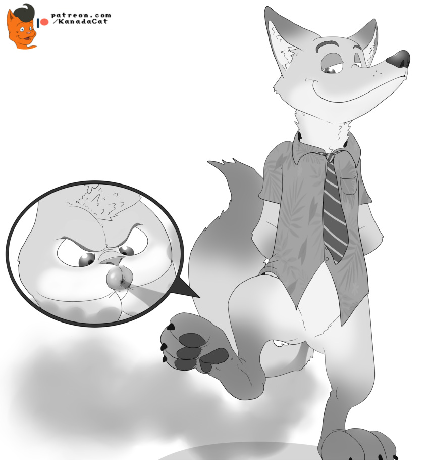 2021 angry anus bow_tie butt butt_transformation canid canine claws clothing disney fart fart_fetish featureless_crotch feet female fox hi_res judy_hopps kanada lagomorph leporid male mammal monochrome nick_wilde patreon pawpads rabbit signature smile toe_claws transformation what what_has_science_done zootopia