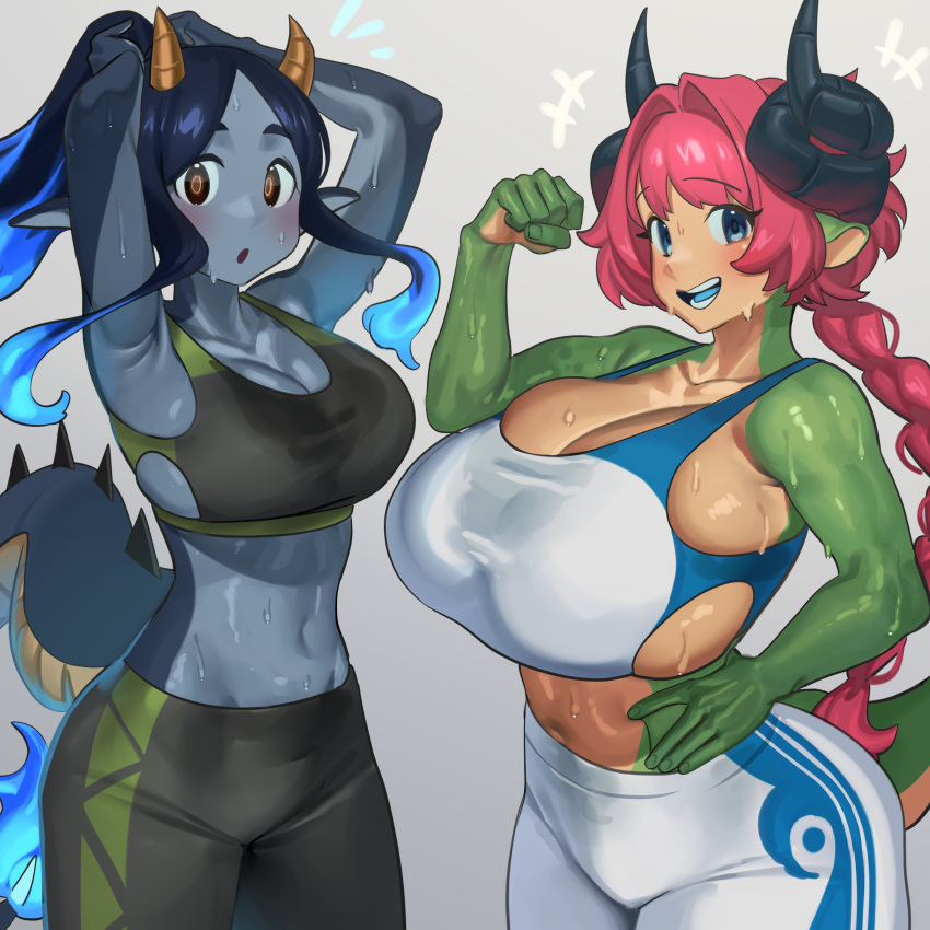 2girls absurdres armpits arms_up bangs blue_eyes blue_skin braid braided_ponytail breasts cleavage colored_skin commission cowboy_shot green_skin grey_background highres horns huge_breasts large_breasts long_hair monster_girl multiple_girls nia_(nia4294) original pink_hair shadow simple_background tail very_long_hair