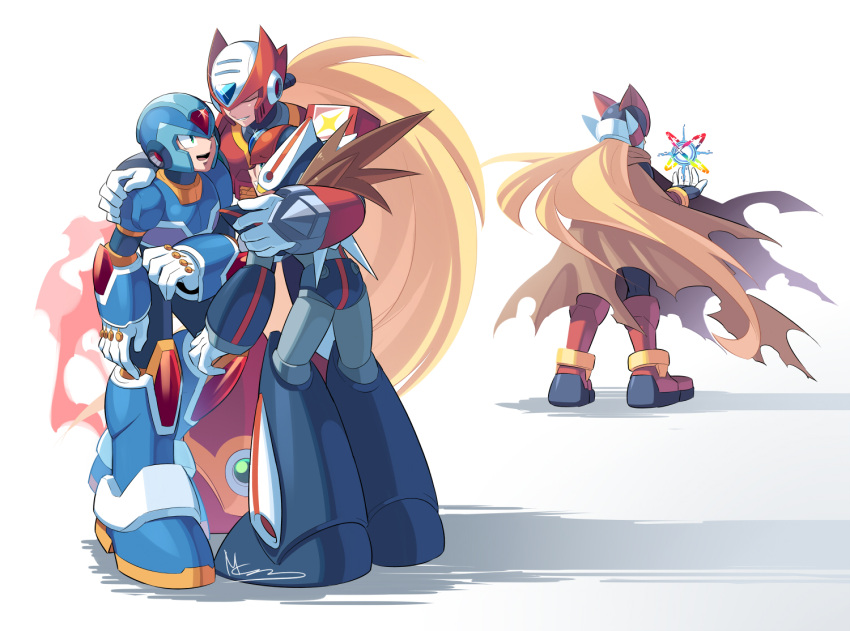 3boys android axl_(mega_man) blonde_hair brown_hair cyber_elves green_eyes group_hug helmet hug long_hair mcnr mega_man_(series) mega_man_x_(character) mega_man_zero multiple_boys open_mouth robot scar signature simple_background smile very_long_hair white_background zero_(mega_man)