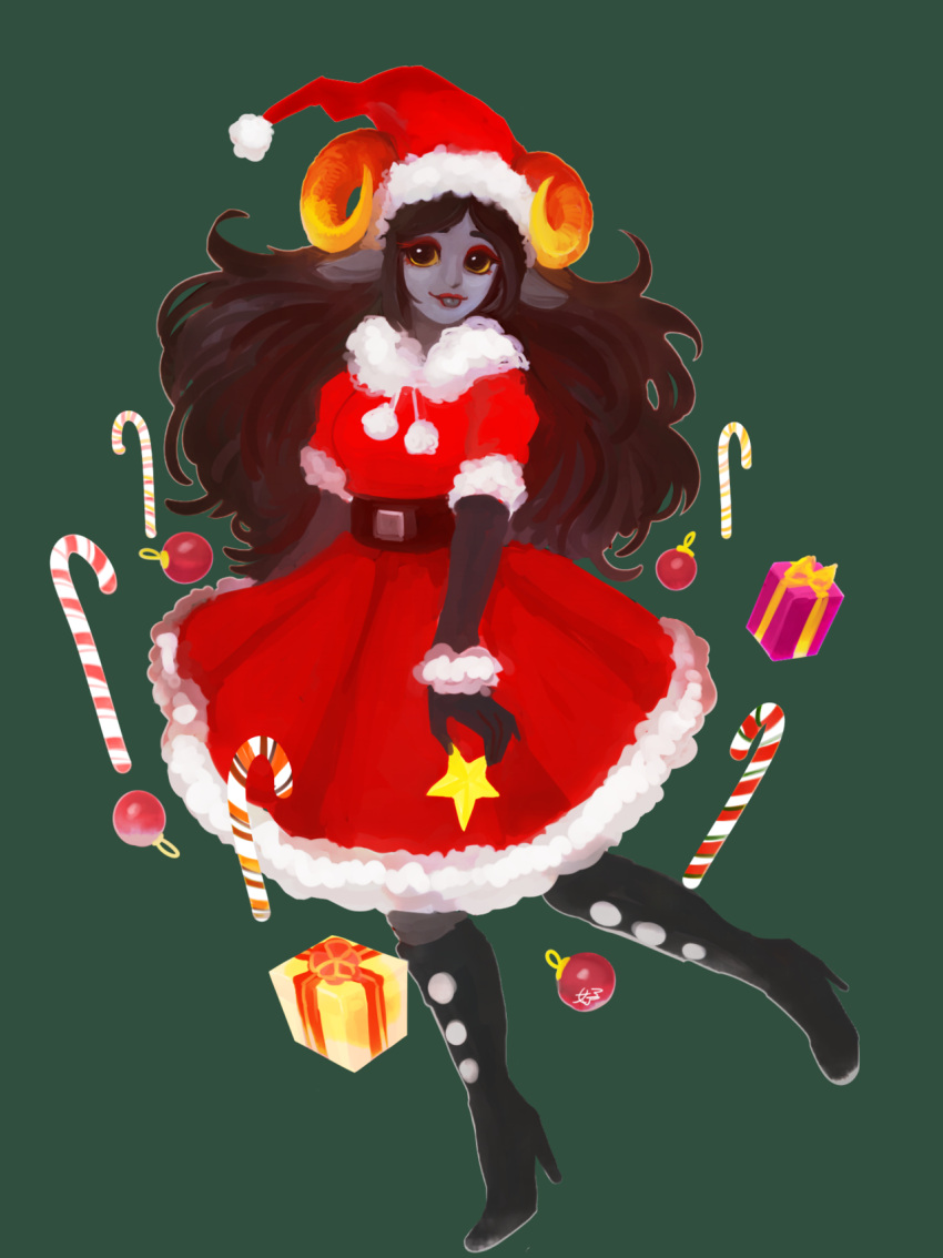 2018 alien aradia_megido belt black_hair boots candy candy_cane christmas christmas_clothing christmas_headwear christmas_ornament clothing dessert drawstring dress eyeliner female food footwear full-length_portrait fur_trim_(clothing) gift green_background hair hat headgear headwear hi_res high_heeled_boots high_heels holidays homestuck horn humanoid_pointy_ears lips lipstick long_ears long_hair makeup ms_paint_adventures ornament portrait red_lips red_lipstick salihombox santa_dress santa_hat simple_background smile solo tongue tongue_out troll_(homestuck) webcomic yellow_sclera