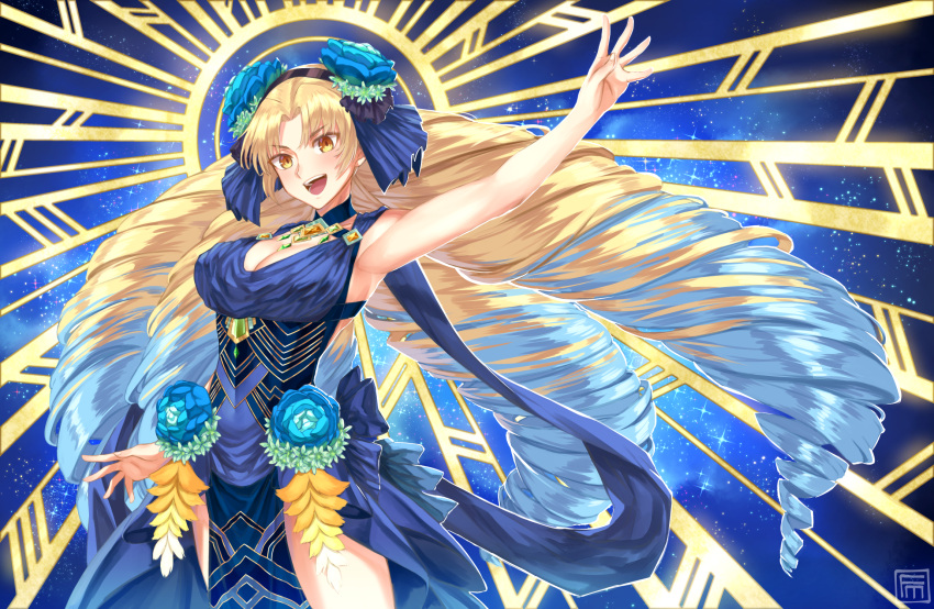 1girl astraea_(fate) bangs blonde_hair blue_hair blush breasts cleavage commentary_request dress dress_flower drill_hair fate/grand_order fate_(series) flower fumafu gradient_hair highres large_breasts long_hair looking_at_viewer luviagelita_edelfelt multicolored_hair open_mouth smile very_long_hair yellow_eyes