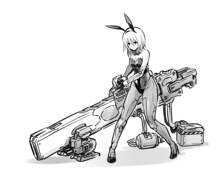 1girl android animal_ears battery bow bowtie bunny_ears cable cosplay daicon_bunny_girl daicon_bunny_girl_(cosplay) daicon_iv detached_collar expressionless fake_animal_ears gloves greyscale high_heels highres ishiyumi leotard mechanical_arms mechanical_buddy_universe mechanical_legs momdroid_(mechanical_buddy_universe) monochrome pantyhose playboy_bunny short_hair solo strapless strapless_leotard wing_collar wrist_cuffs