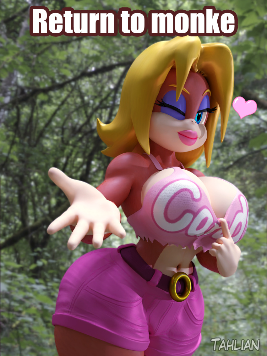 &lt;3 3d_(artwork) 5_fingers anthro ape belt big_breasts blonde_hair blue_eyes bottomwear breasts candy_kong clothed clothing clothing_pull curvaceous curvy_figure digital_media_(artwork) donkey_kong_(series) english_text female fingers hair half-closed_eyes haplorhine hi_res kong makeup mammal meme monkey narrowed_eyes nintendo one_eye_closed outside primate raised_hand reaching reaching_out reaching_towards_viewer shirt shirt_pull smile solo tahlian text thick_thighs topwear topwear_pull video_games voluptuous wide_hips wink