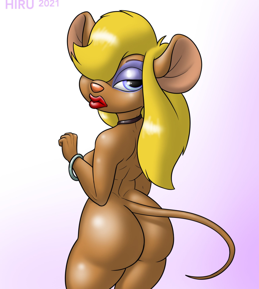 anthro blonde_hair blue_eyes bracelet breasts brown_body butt chip_'n_dale_rescue_rangers choker disney female gadget_hackwrench hair hi_res hirurux jewelry lipstick looking_at_viewer makeup mammal mouse murid murine necklace nude pink_nose rodent solo