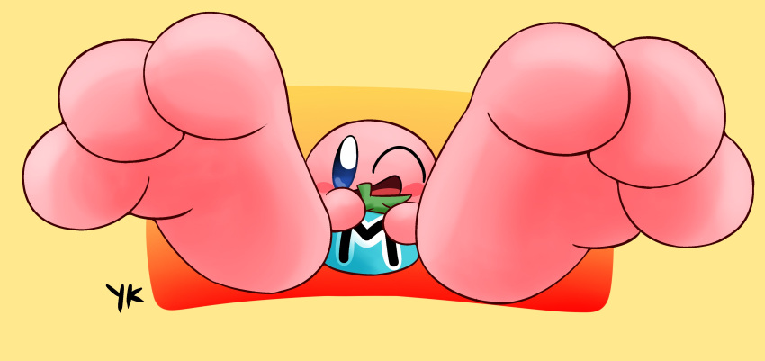 3_toes absurd_res ambiguous_gender big_feet blush blush_stickers feet food fruit hi_res holding_object huge_feet hyper hyper_feet kirby kirby_(series) leaf looking_at_viewer nintendo not_furry one_eye_closed pink_body plant simple_background smile solo solo_focus spread_legs spreading story story_in_description toes tomato video_games waddling_head wink yellow_background yungknight