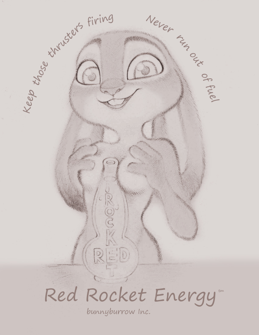 animal_genitalia animal_penis anthro bottle breasts buckteeth dialogue dipstick_ears disney ears_down english_text female fuchs genitals hi_res holding_breast judy_hopps lagomorph leporid looking_at_viewer mammal multicolored_ears nude penis penis_shaped_bottle pivoted_ears rabbit sketch smile solo suggestive teeth text traditional_media_(artwork) zootopia