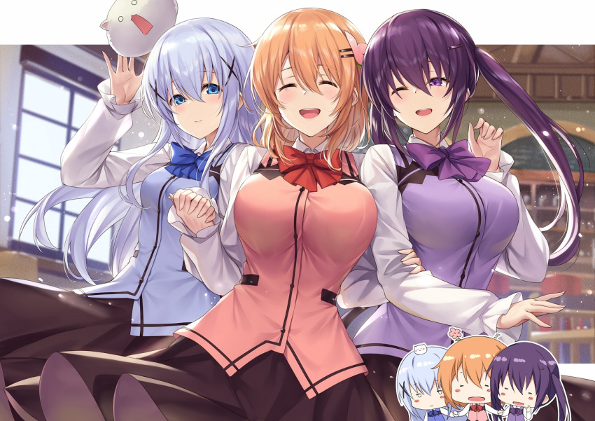 3girls bangs blue_eyes blue_hair blue_neckwear blue_vest blush bow bowtie breasts brown_skirt bunny closed_eyes collared_shirt eyebrows_visible_through_hair gochuumon_wa_usagi_desu_ka? hair_ornament hairclip hand_up holding_another's_arm holding_hands hoto_cocoa indoors kafuu_chino ks_(xephyrks) large_breasts long_hair long_sleeves looking_at_viewer multiple_girls multiple_views one_eye_closed open_mouth orange_hair purple_eyes purple_hair purple_neckwear purple_vest red_neckwear red_vest shirt skirt small_breasts smile tedeza_rize tippy_(gochiusa) twintails vest