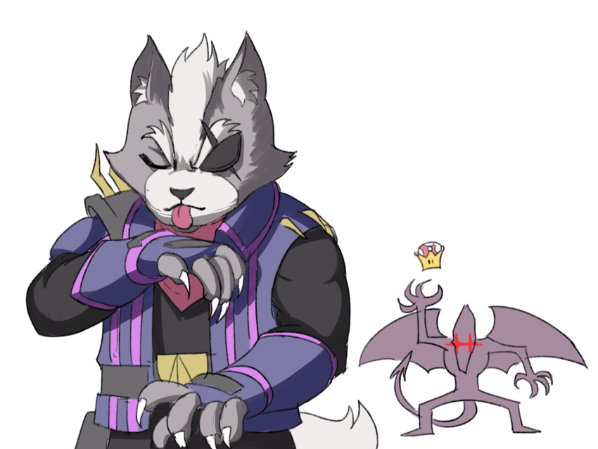 2boys alien animal closed_eyes eyepatch facial_hair furry highres jacket licking male_focus mario_(series) metroid monster multiple_boys new_super_mario_bros._u_deluxe ridley simple_background star_fox super_smash_bros. tail tina_fate tongue tongue_out wings wolf wolf_o'donnell