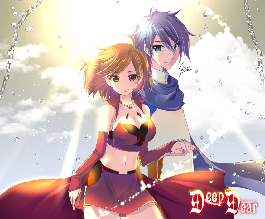 1boy 1girl backlighting black_bra blue_eyes blue_hair blue_nails blue_scarf bra breasts brown_eyes brown_hair child-box cloud coat collarbone commentary contrapposto cowboy_shot crop_top detached_sleeves grey_sky highres holding_hands jacket jewelry kaito looking_at_viewer medium_breasts meiko midriff miniskirt nail_polish navel necklace red_jacket red_nails red_skirt red_sleeves scarf short_hair signature skirt smile song_name sun sunlight underwear vocaloid water_drop white_coat