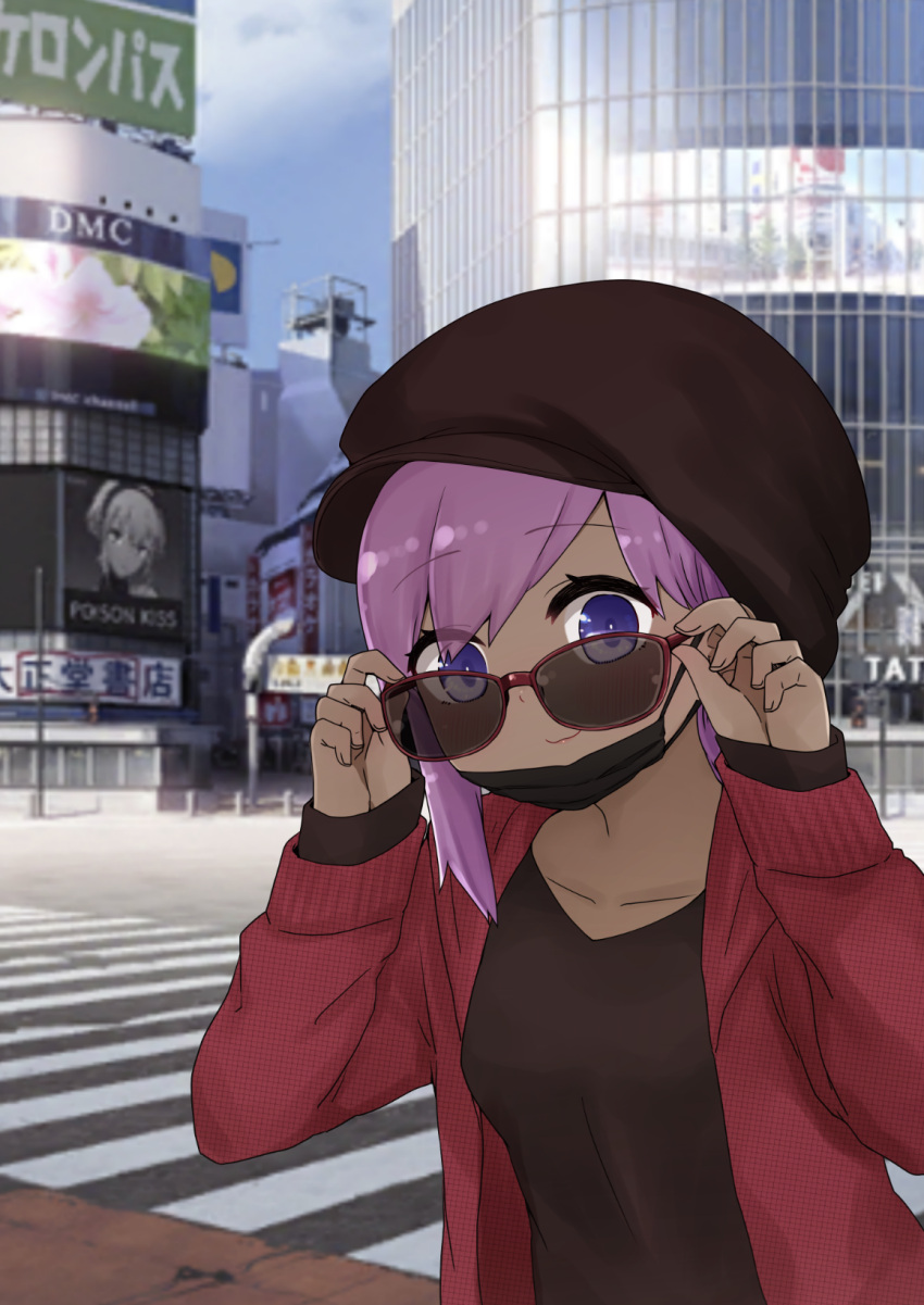 1girl black_headwear black_shirt blurry blurry_background brown-framed_eyewear cabbie_hat closed_mouth collarbone dark_skin dark_skinned_female day depth_of_field eyes_visible_through_hair eyewear_pull fate/prototype fate/prototype:_fragments_of_blue_and_silver fate_(series) hands_up hassan_of_serenity_(fate) hat highres i.u.y jacket long_sleeves looking_at_viewer open_clothes open_jacket outdoors pulled_by_self purple_eyes purple_hair red_jacket shirt sleeves_past_wrists smile solo sunglasses