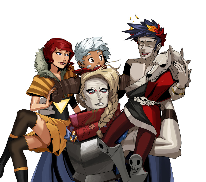 2boys 2girls :o absurdres armor bandage_on_face bandages bastion belt black_legwear blue_eyes braid closed_eyes colored_skin company_connection crossed_legs curled_horns dark_skin dark_skinned_male fur_trim grey_skin hades_(game) highres horns jodariel laurel_crown multiple_boys multiple_girls pyre_(game) red_(transistor) red_hair simple_background sitting supergiant_games the_kid_(bastion) thunderpowered transistor_(game) white_background white_hair zagreus_(hades)