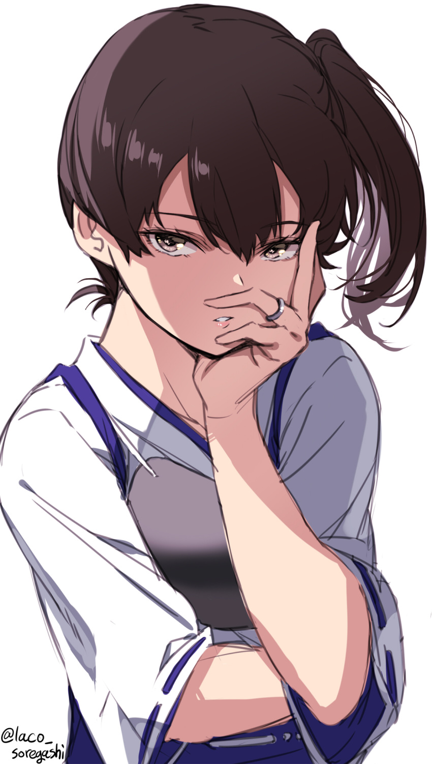 1girl bangs brown_eyes brown_hair face hair_between_eyes hand_on_own_cheek hand_on_own_face hands head_rest highres japanese_clothes jewelry kaga_(kancolle) kantai_collection laco_soregashi muneate one-hour_drawing_challenge parted_lips ponytail ring side_ponytail simple_background solo tasuki twitter_username upper_body wedding_band white_background