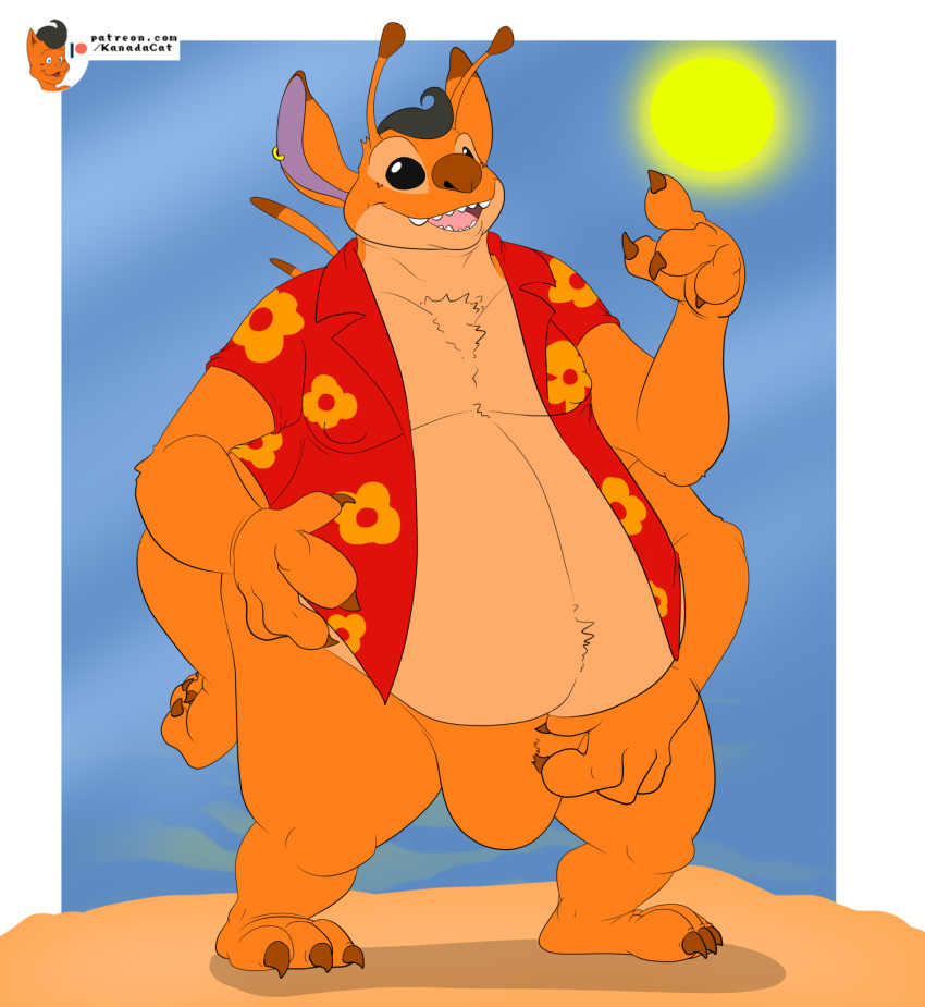 2021 4_fingers alien anthro beach black_eyes black_hair claws day disney experiment_(lilo_and_stitch) feet fingers fur hair hi_res kanada kanada_(character) lilo_and_stitch male multi_arm multi_limb open_mouth open_smile orange_body orange_fur overweight overweight_anthro overweight_male patreon seaside signature smile solo standing sun teeth toe_claws