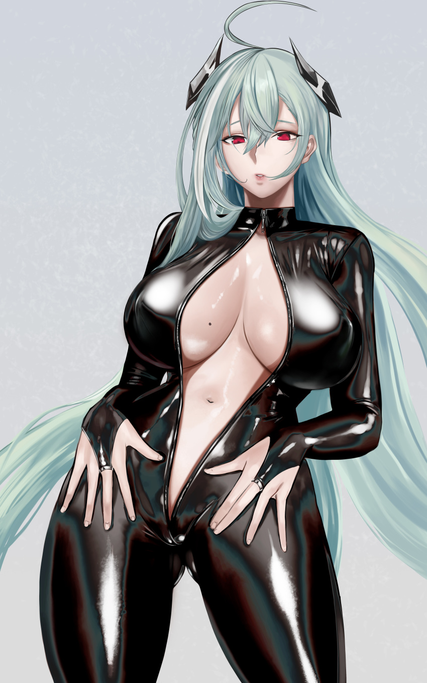 1girl absurdres ahoge breasts bridal_gauntlets gcg girls_frontline headgear highres large_breasts latex_bodysuit light_green_hair long_hair ltlx_7000_(girls_frontline) mole mole_on_breast navel red_eyes shiny shiny_skin solo very_long_hair