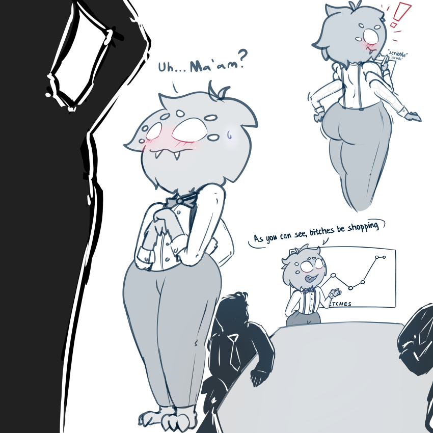 absurd_res ambiguous_gender anthro arachnid arthropod blush bodily_fluids bow_tie butt clothed clothing dialogue fangs group hi_res male multi_arm multi_eye multi_limb silhouette speech_bubble spider suspenders sweat text websheck websly