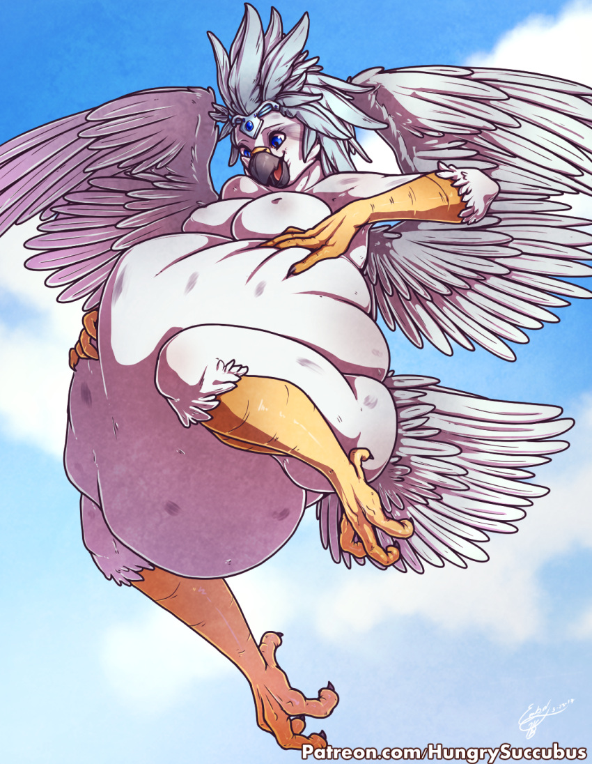 2017 4_toes 5_fingers abdominal_bulge after_vore anisodactyl anthro anthro_pred avian beak belly big_belly big_breasts bird bird_feet blue_eyes breasts claws cloud cloudscape curvy_figure dated day detailed_background digital_media_(artwork) european_mythology eyelashes feathered_wings feathers feet female female_pred finger_claws fingers glacia_frostgale greek_mythology grey_beak grey_body grey_claws grey_feathers hand_on_stomach hi_res holding_belly midair multicolored_body multicolored_feathers mythological_avian mythological_firebird mythology nipples non-mammal_breasts nude open_beak open_mouth open_smile oral_vore outside phoenix pink_tongue scuted_arms scutes shaded signature sky smile soft_vore solo tail_feathers text thehungrysuccubus thick_thighs toe_claws toes tongue unseen_character url voluptuous vore white_body white_feathers wide_hips winged_arms wings