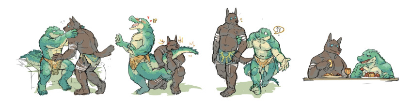 &lt;3 anthro bandage beau bottomwear brother brothers canid clothing crocodilian duo food hi_res league_of_legends loincloth male male/male mammal muscular nasus_(lol) nibbling renekton reptile riot_games scalie sibling simple_background topless_male video_games white_background