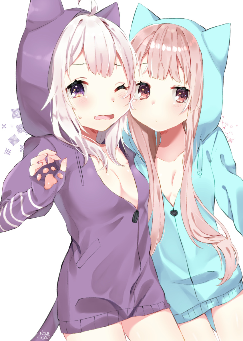 2girls abe_suke absurdres ahoge animal_ears animal_hood bangs blue_jacket blush breasts cat_ears cat_girl cat_hood cat_tail closed_mouth collarbone commentary_request drawstring eyebrows_behind_hair fang fingernails hand_up heart highres hood hood_up hooded_jacket jacket light_brown_hair long_hair multiple_girls one_eye_closed open_mouth original purple_eyes purple_jacket red_eyes small_breasts sweat tail wavy_mouth white_background white_hair