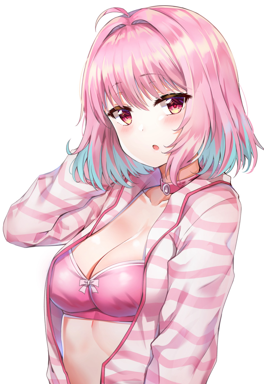 1girl :o absurdres ahoge aqua_hair blush bra breasts choker cleavage collarbone commentary hair_intakes hand_up highres idolmaster idolmaster_cinderella_girls jacket long_sleeves looking_at_viewer medium_breasts multicolored_hair open_clothes open_jacket parted_lips pink_bra pink_choker pink_eyes pink_hair pink_jacket short_hair simple_background solo striped_jacket sunhyun two-tone_hair underwear upper_body white_background yumemi_riamu