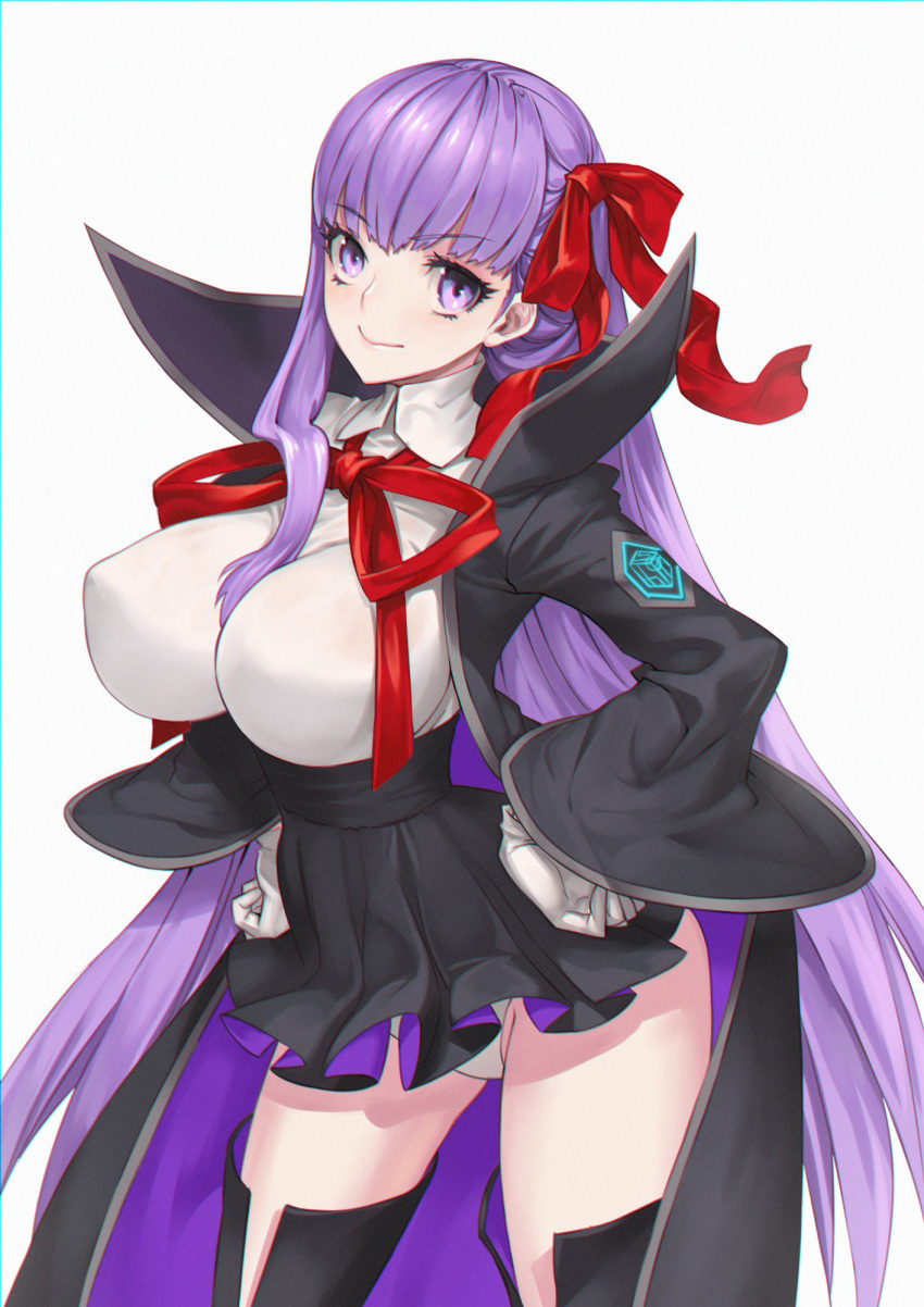 1girl bangs bb_(fate)_(all) bb_(fate/extra_ccc) black_footwear boots bow bowtie breasts closed_mouth commentary_request eyebrows_visible_through_hair fate/extra fate/extra_ccc fate/grand_order fate_(series) gloves hair_bow hands_on_hips high-waist_skirt highres large_breasts lips long_hair long_sleeves ninnin_(shishitou) panties purple_eyes purple_hair red_ribbon ribbon shiny shiny_hair simple_background skirt solo thigh_boots thigh_gap thighhighs underwear white_background white_gloves white_panties wide_sleeves