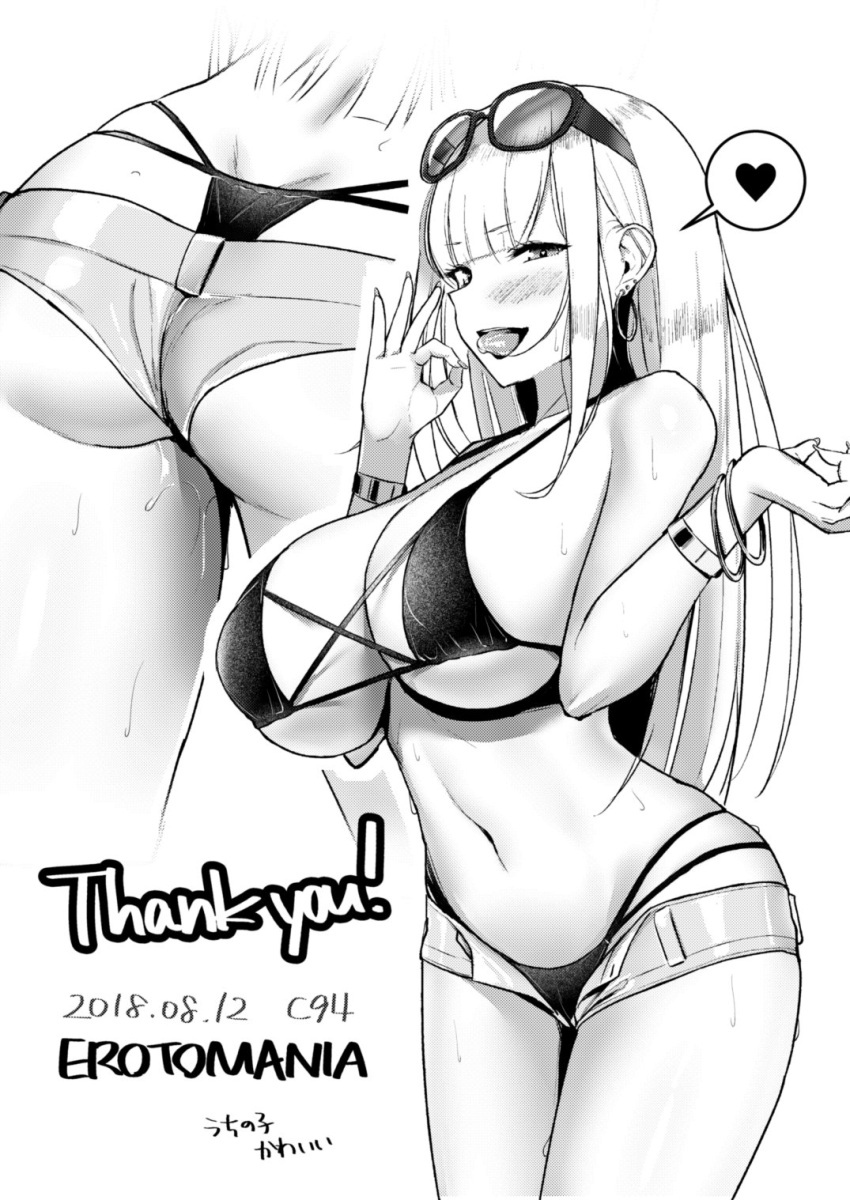 1girl ass bikini bikini_bottom bikini_top bracelet breasts commentary_request dated earrings eyewear_on_head fellatio_gesture highleg highleg_panties highres hoop_earrings jewelry large_breasts long_hair looking_at_viewer micro_shorts monochrome multiple_views nakamura_misaki nanae navel original panties panty_straps shorts signature solo sunglasses swimsuit thank_you tongue underwear whale_tail