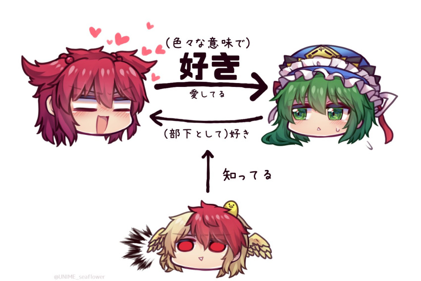 3girls :d =_= animal_on_head arrow_(symbol) asymmetrical_hair bangs bird bird_on_head bird_wings blonde_hair blue_headwear chick eyebrows_visible_through_hair face frilled_hat frills green_eyes green_hair hair_bobbles hair_ornament hat head_wings heart looking_at_another medium_hair multicolored_hair multiple_girls niwatari_kutaka on_head onozuka_komachi open_mouth red_eyes red_hair relationship_graph shiki_eiki short_hair simple_background smile sweatdrop touhou translation_request triangle_mouth two-tone_hair two_side_up unime_seaflower v-shaped_eyebrows white_background wings