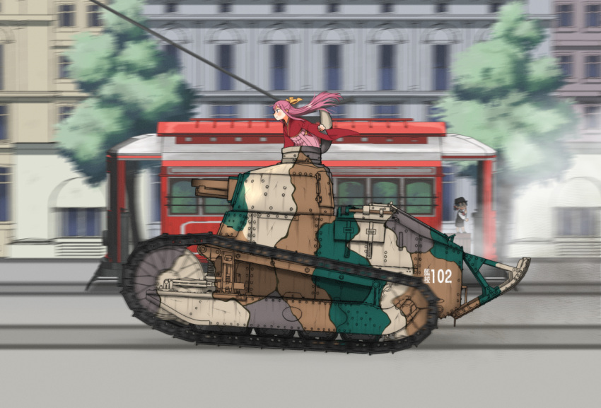 2girls annin_musou blurry blurry_background blurry_foreground fairy_(kancolle) ft-17 ground_vehicle hair_ribbon hakama japanese_clothes kamikaze_(kancolle) kantai_collection kimono long_hair long_sleeves meiji_schoolgirl_uniform military military_vehicle motor_vehicle multiple_girls pink_hakama purple_eyes purple_hair red_kimono ribbon tank wide_sleeves yellow_ribbon