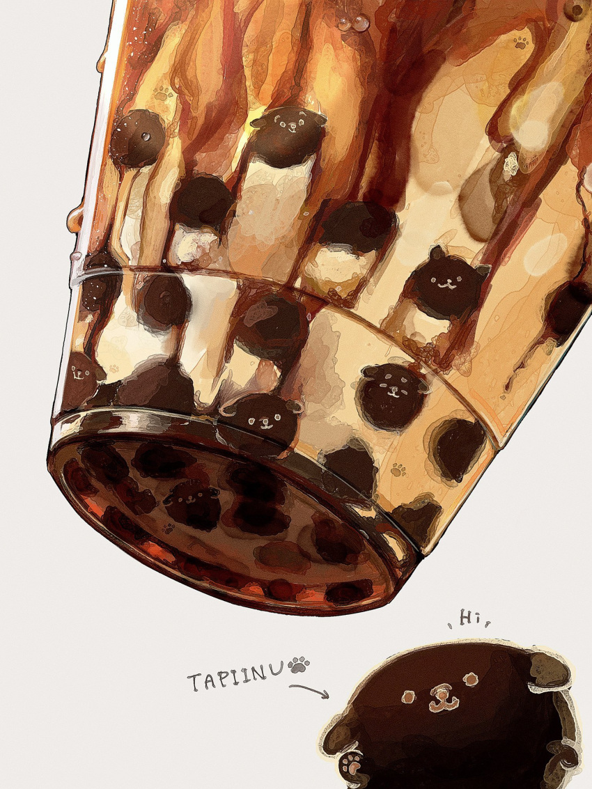 :3 arrow_(symbol) bubble_tea cup disposable_cup drink english_text food-themed_creature food_focus highres inuno_koro no_humans original