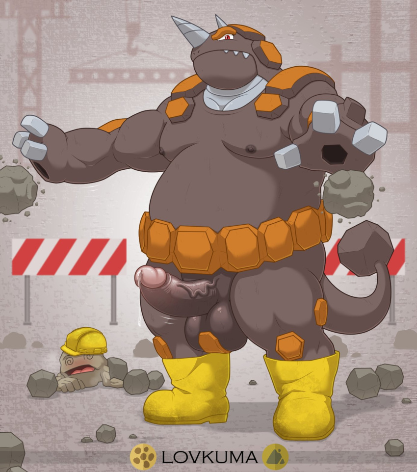 2021 anthro anthrofied armor balls barazoku belt biped body_armor boots brown_background brown_body carapace ceratopsian clothing construction_site construction_worker crane_(machine) dinosaur duo elemental_creature erect_tail erection footwear footwear_only genitals geodude hard_hat headgear helmet hi_res hole_(anatomy) horn humanoid_genitalia humanoid_penis invalid_tag lovkuma male mineral_fauna moobs mostly_nude nintendo nipples ornithischian overweight overweight_anthro overweight_male palms penis pok&eacute;mon pok&eacute;mon_(species) pok&eacute;morph reptile rhyperior rock rock_creature rubble scaffolding scalie sharp_teeth shoes shoes_only signature simple_background solo_focus spiral_eyes steel tail_club teeth text thick_penis underbite vein veiny_penis video_games