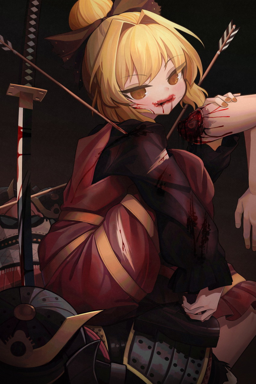 1girl akaiha_(akaihasugk) armor arrow_in_body bangs black_blouse black_bow blonde_hair blood bloody_clothes blouse blush bow brown_dress brown_eyes closed_mouth commentary_request cuts disembodied_limb dress eating eyebrows_visible_through_hair feet_out_of_frame guro hair_bow hair_bun hair_intakes helmet highres injury japanese_armor kabuto katana kurodani_yamame looking_at_viewer short_hair smile solo sword torn_clothes touhou weapon