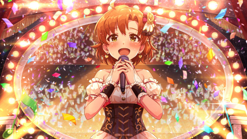 1girl :d card_commentary commentary_request concert confetti corset detached_sleeves earrings game_asset happy_tears heart heart_earrings holding holding_microphone idolmaster idolmaster_million_live! idolmaster_million_live!_theater_days jewelry microphone official_alternate_costume official_art open_mouth orange_hair puffy_detached_sleeves puffy_sleeves shoes smile sneakers solo stage straight-on tears third-party_source upper_body yabuki_kana yellow_eyes