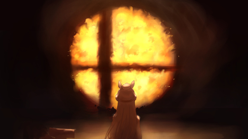 1boy 1girl absurdres animal_ears fire from_behind gold_ship_(umamusume) highres horse_ears horse_girl long_hair parody shiburingaru silver_hair super_smash_bros. super_smash_bros._logo trainer_(umamusume) umamusume