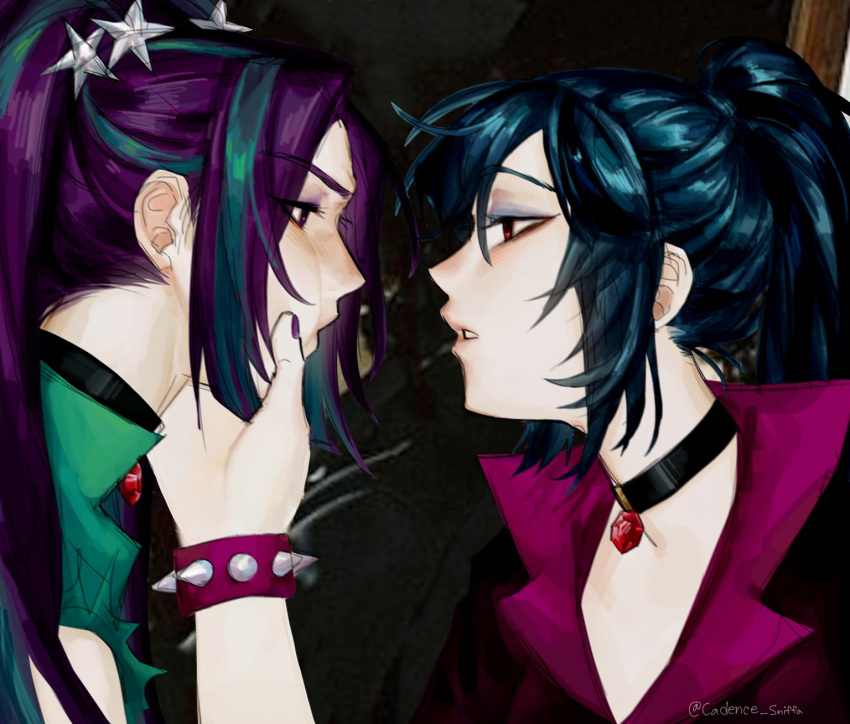 2girls alternate_skin_color annoyed aria_blaze aria_blaze_(human) bare_arms bare_shoulders black_background black_choker blue_eyeshadow blue_hair blue_streaks bracelet brown_jacket cadence_sniffa cheek_pinching choker closed_mouth collared_jacket equestria_girls:_rainbow_rocks expressionless eye_contact eyes_visible_through_hair eyeshadow face-to-face from_side gem green_jacket hair_between_eyes hair_ornament hair_tie hand_on_another's_cheek hand_on_another's_face hand_up high_ponytail highres jacket jewelry long_hair looking_at_another makeup multicolored_hair multiple_girls my_little_pony my_little_pony:_equestria_girls my_little_pony:_friendship_is_magic nail_polish pale_skin parted_lips pendant_choker photo_background pinching ponytail portrait profile purple_eyes purple_eyeshadow purple_hair purple_nails raised_eyebrows red_eyes red_gem sidelocks sideways_mouth skirt sleeveless sleeveless_jacket sonata_dusk sonata_dusk_(human) spiked_bracelet spikes star_(symbol) star_hair_ornament streaked_hair torn_clothes torn_jacket twintails twitter_username two-tone_hair v-shaped_eyebrows