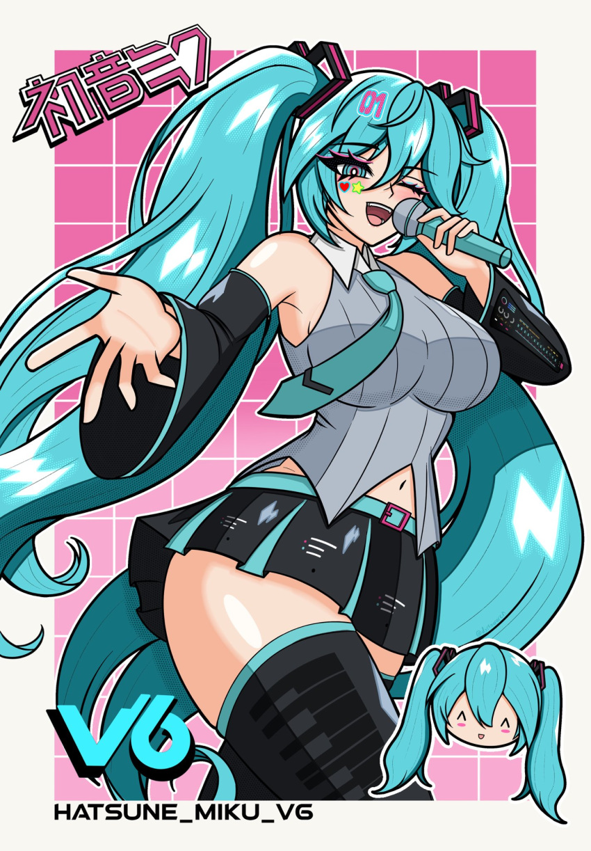 1girl ^_^ aqua_belt aqua_eyes aqua_hair aqua_necktie aqua_trim armpits bare_shoulders belt black_skirt black_sleeves blush blush_stickers border breasts character_name chibi chibi_inset closed_eyes collar cowboy_shot detached_sleeves dxrkmonarch grid_background hair_between_eyes hair_ornament hatsune_miku hatsune_miku_(vocaloid6) heart heart_hair_ornament highres holding holding_microphone large_breasts long_hair microphone miniskirt navel necktie one_eye_closed open_mouth piano_print pleated_skirt shirt simple_background skirt smile striped_clothes striped_shirt taut_clothes taut_shirt teeth tie_clip twintails vertical-striped_clothes vertical-striped_shirt very_long_hair vocaloid white_border white_collar wide_sleeves wing_collar wireless_microphone zettai_ryouiki