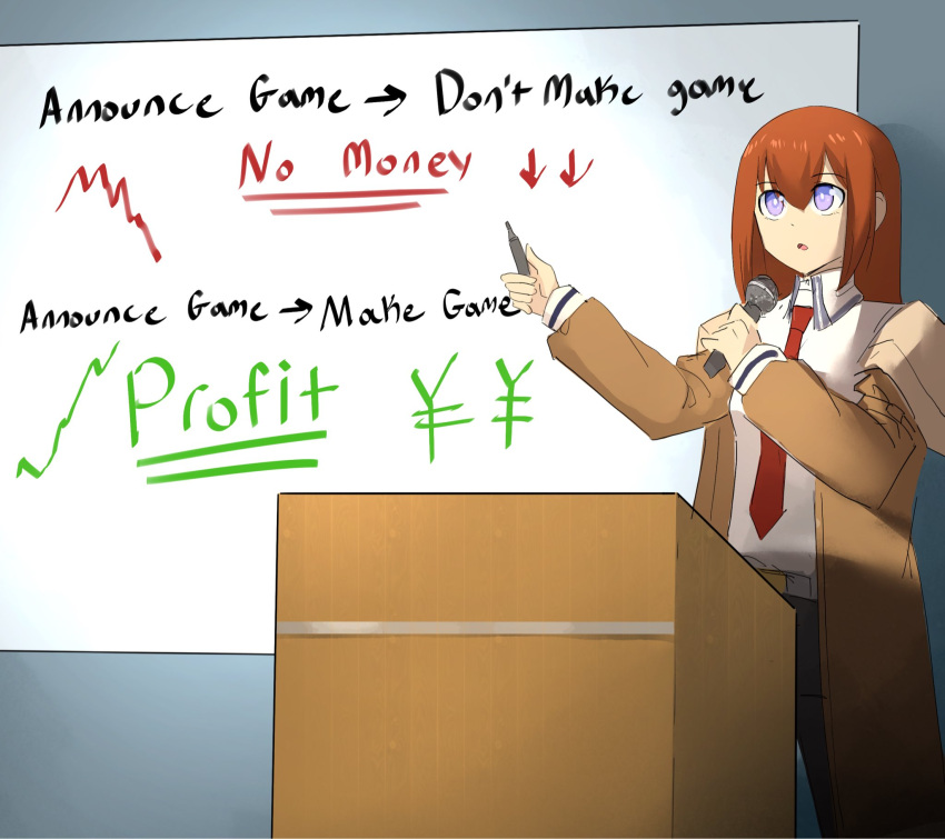 1girl dress_shirt highres holding holding_microphone microphone necktie open_mouth optaku purple_eyes red_hair red_necktie science_adventure shirt solo speaking steins;gate white_shirt whiteboard