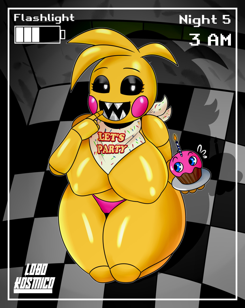 2021 absurd_res animatronic anthro avian beakless big_breasts bird black_sclera blush blush_stickers breasts chicken clothing curvy_figure detailed_background digital_media_(artwork) english_text female five_nights_at_freddy's five_nights_at_freddy's_2 galliform gallus_(genus) hi_res lobokosmico looking_at_viewer machine non-mammal_breasts phasianid pupils robot sharp_teeth smile solo teeth text thick_thighs toy_chica_(fnaf) video_games voluptuous white_pupils wide_hips