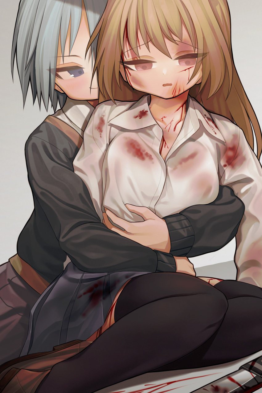 1boy 1girl akaiha_(akaihasugk) bangs black_legwear black_skirt black_sweater blood blood_on_face bloody_clothes bloody_knife blue_eyes breasts brown_footwear brown_hair closed_mouth collared_shirt commentary_request commission cuts dutch_angle eyebrows_visible_through_hair grey_background grey_hair highres hug hug_from_behind injury knife long_hair looking_at_another medium_breasts open_mouth original pink_eyes pleated_skirt shirt shoes short_hair sitting skeb_commission skirt smile sweater thighhighs white_shirt yokozuwari