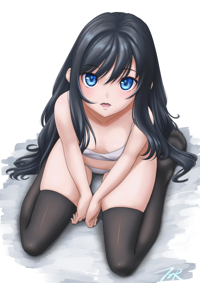 1girl artist_name asashio_(kancolle) black_hair black_legwear blue_eyes breasts camisole commentary_request downblouse from_above highres kantai_collection lips long_hair looking_at_viewer panties simple_background sitting small_breasts solo t2r thighhighs underwear underwear_only wariza white_background white_camisole white_panties