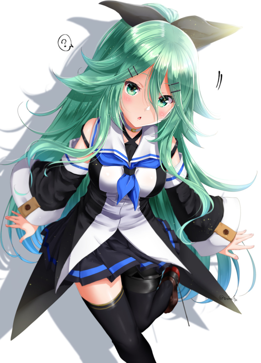 1girl black_legwear black_ribbon black_serafuku black_skirt blue_neckwear detached_sleeves green_eyes green_hair hair_between_eyes hair_flaps hair_ornament hair_ribbon hairclip highres kantai_collection long_hair mokufuu neckerchief pleated_skirt ponytail ribbon school_uniform serafuku skirt solo thighhighs yamakaze_(kancolle)