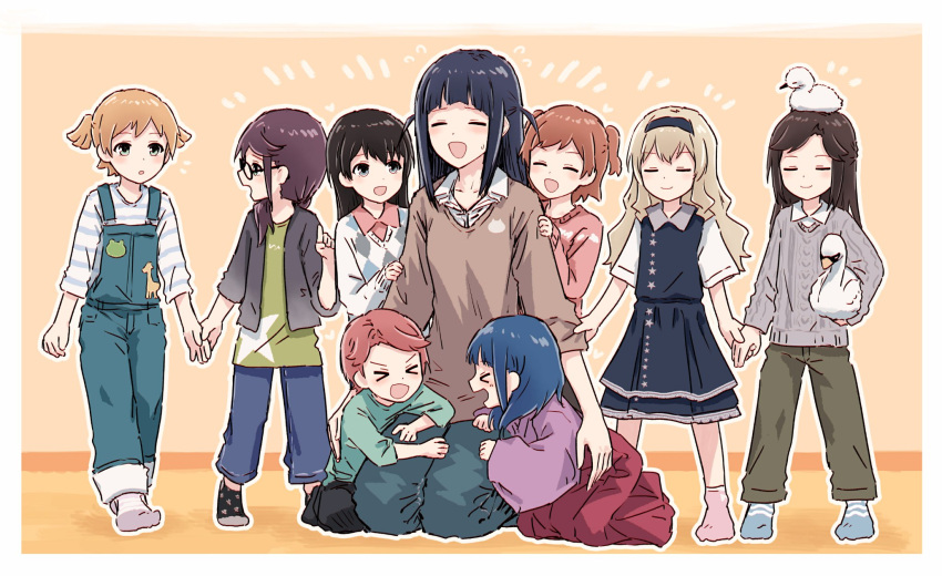 &gt;_&lt; 6+girls :d :o =_= aijou_karen animal animal_on_head aqua_shirt argyle argyle_sweater bangs beige_background bird bird_on_head black-framed_eyewear black_hair black_legwear black_pants blonde_hair blue_dress blue_eyes blue_hair blue_hairband blue_legwear blue_overalls blue_pants blush border brown_hair brown_pants brown_shirt child closed_eyes closed_mouth collarbone collared_dress collared_shirt commentary_request daiba_nana dress eyebrows_visible_through_hair facing_another facing_viewer flying_sweatdrops furukawa_wanosuke glasses green_eyes green_shirt grey_jacket grey_sweater hair_over_shoulder hairband hakama hanayagi_kaoruko hand_on_another's_arm hand_on_another's_back hand_on_another's_thigh hand_up heart highres holding holding_animal holding_bird holding_hand holding_hands hoshimi_junna index_finger_raised isurugi_futaba jacket japanese_clothes kagura_hikari kimono kneeling light_brown_hair long_hair long_sleeves looking_at_another low_ponytail medium_hair multiple_girls no_shoes notice_lines on_head open_clothes open_jacket open_mouth outline overalls pants parted_bangs parted_lips pink_legwear ponytail print_dress print_legwear print_shirt profile purple_hair purple_kimono red_hair red_hakama red_sweater saijou_claudine seiza shiny shiny_hair shirt short_hair short_sleeves short_twintails shoujo_kageki_revue_starlight side-by-side sidelocks sitting sleeve_tug sleeves_past_elbows sleeves_past_wrists smile socks standing star_(symbol) star_print striped striped_legwear striped_shirt swan sweatdrop sweater tendou_maya time_paradox tsuyuzaki_mahiru twintails two_side_up v-shaped_eyebrows white_border white_outline white_shirt white_sweater wide_sleeves younger