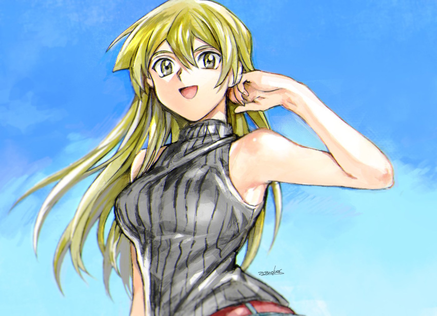 1girl 203wolves :d adjusting_hair bangs belt blonde_hair blue_background breasts brown_eyes floating_hair grey_sweater hair_between_eyes long_hair medium_breasts open_mouth red_belt shiny shiny_hair signature sketch smile solo standing straight_hair sweater tenjouin_asuka upper_body very_long_hair vest yu-gi-oh! yu-gi-oh!_gx