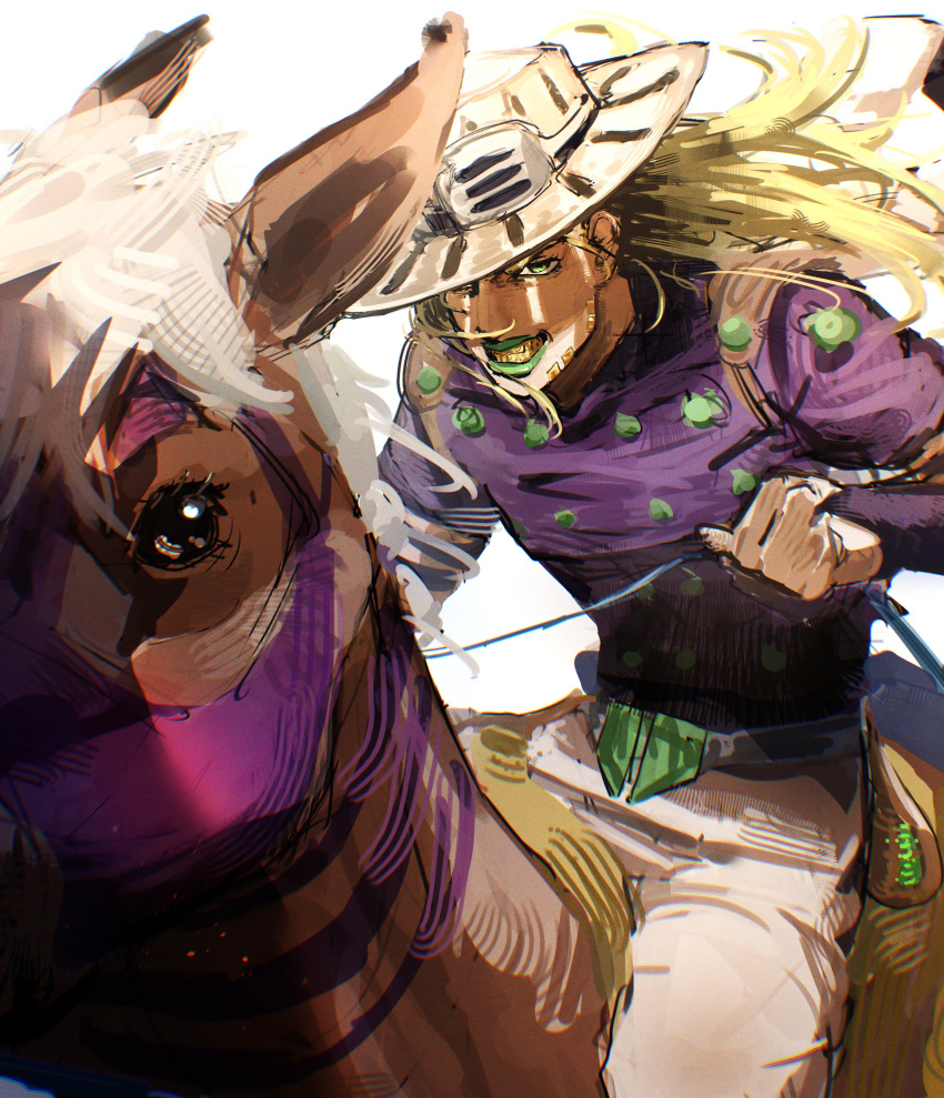 1boy absurdres beard belt belt_buckle blonde_hair bridal_gauntlets buckle commentary cowboy_hat facial_hair goggles goggles_on_headwear gold_teeth green_eyes green_lips grey_belt grey_hat grey_pants grills gyro_zeppeli hat highres holding holding_reins horse horseback_riding jojo_no_kimyou_na_bouken long_hair looking_at_viewer makeup male_focus okuquiq pants purple_bridal_gauntlets purple_mask purple_shirt reins riding shirt short_sleeves smile solo steel_ball_run studded_shirt untranslatable_commentary valkyrie_(jojo) white_background