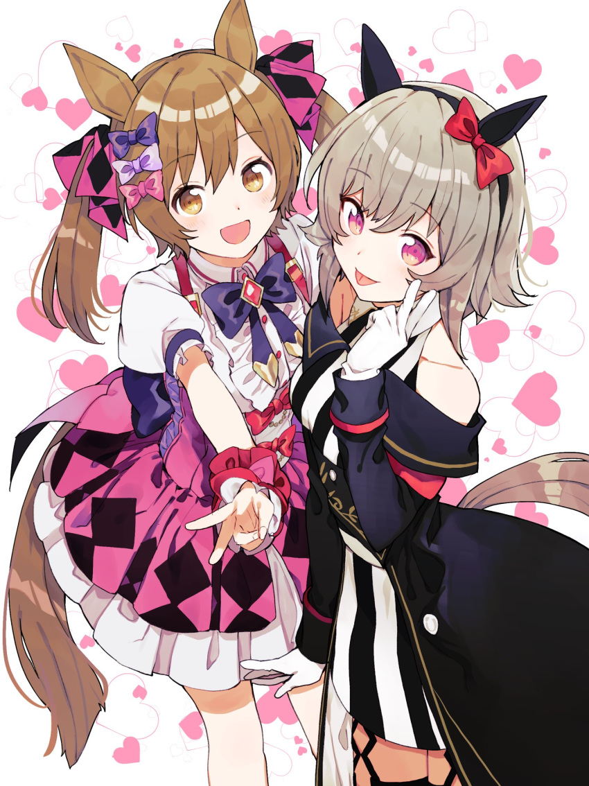 2girls animal_ears bare_shoulders black_jacket blush bow brown_eyes brown_hair curren_chan_(umamusume) dress eyebrows_visible_through_hair gloves hair_between_eyes hair_bow heart highres horse_ears horse_girl horse_tail jacket kurodeko long_hair long_sleeves looking_at_viewer multiple_girls off-shoulder_jacket open_mouth pink_bow purple_bow purple_eyes short_hair short_sleeves silver_hair smart_falcon_(umamusume) smile striped tail tongue tongue_out twintails umamusume v vertical-striped_dress vertical_stripes white_dress white_gloves