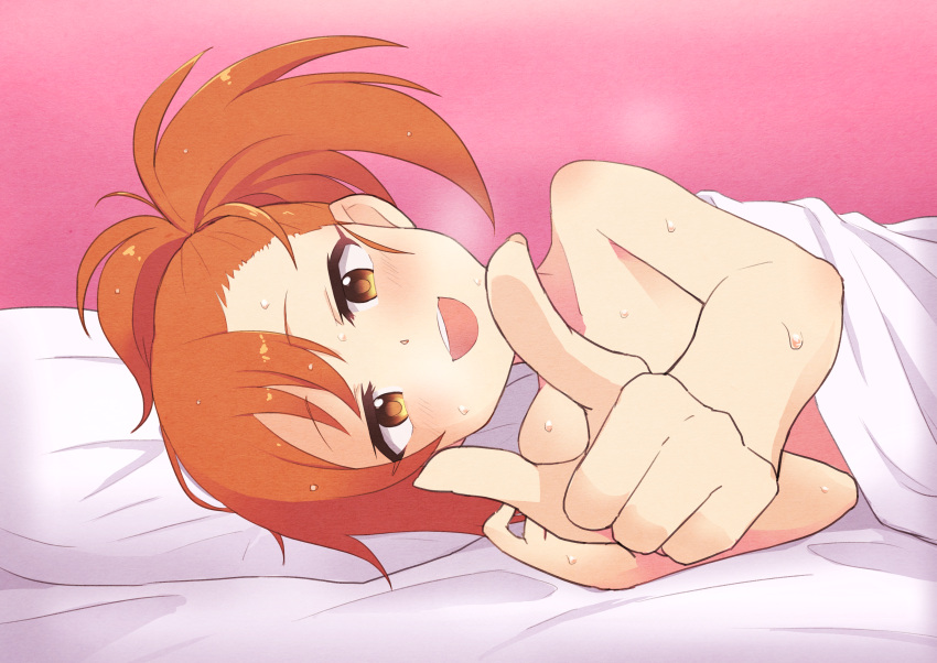 1girl absurdres durandal_(kei) highres looking_at_viewer lying misogi_(princess_connect!) on_bed on_side orange_eyes orange_hair pointing pointing_at_viewer pov princess_connect! princess_connect!_re:dive side_ponytail simple_background solo sweat